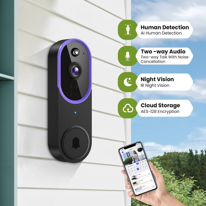 Wireless Video Doorbell Camera | 1080P HD with AI Human Detection, Night Vision & Two-Way Audio – No Wiring, Battery Powered