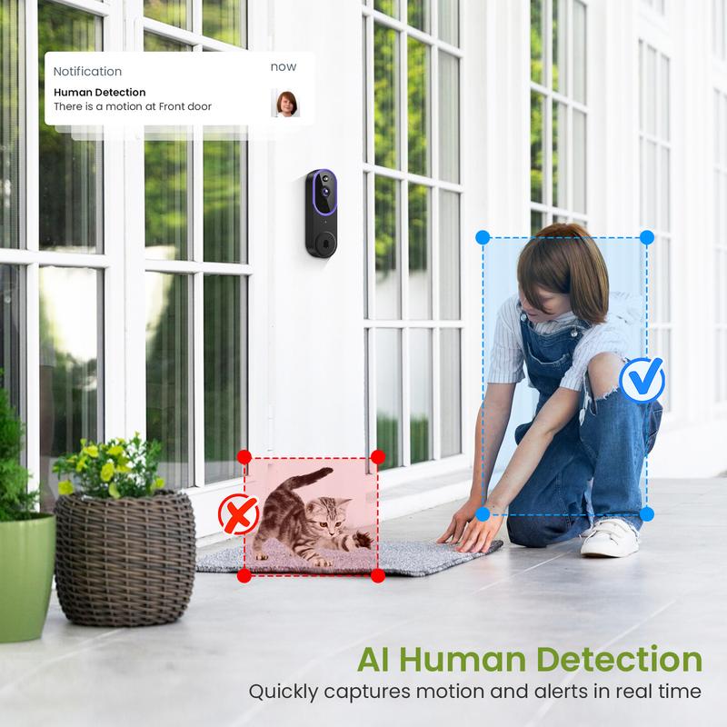 Wireless Video Doorbell Camera | 1080P HD with AI Human Detection, Night Vision & Two-Way Audio – No Wiring, Battery Powered