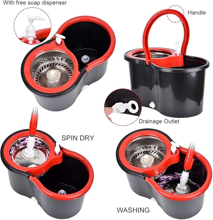Spin Mop & Bucket System with Hands-Free Wringer (155cm Stainless Steel Handle)